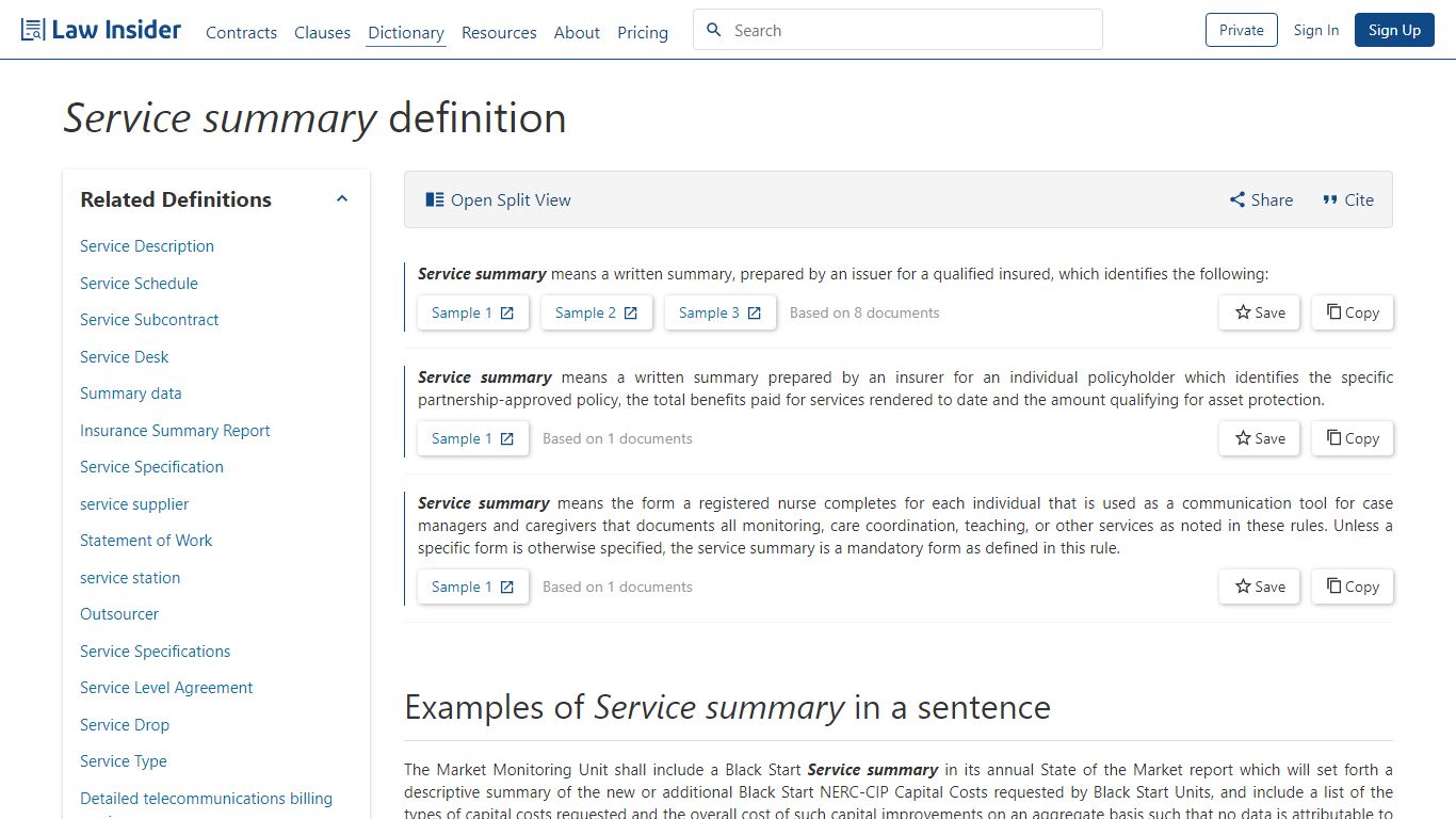 Service summary Definition | Law Insider